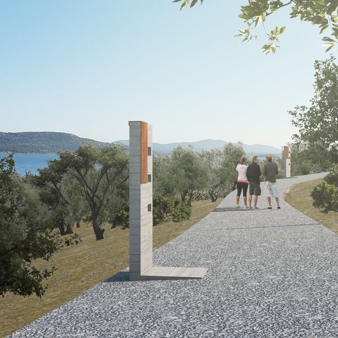 Vizualizacija šetnice s info stupovima i pogledom na more