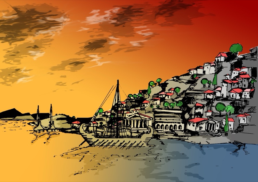 Ilustracija: Antička luka Colentuma u zalasku sunca