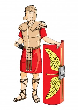 Maskota Kvint u odori rimskog legionara sa štitom